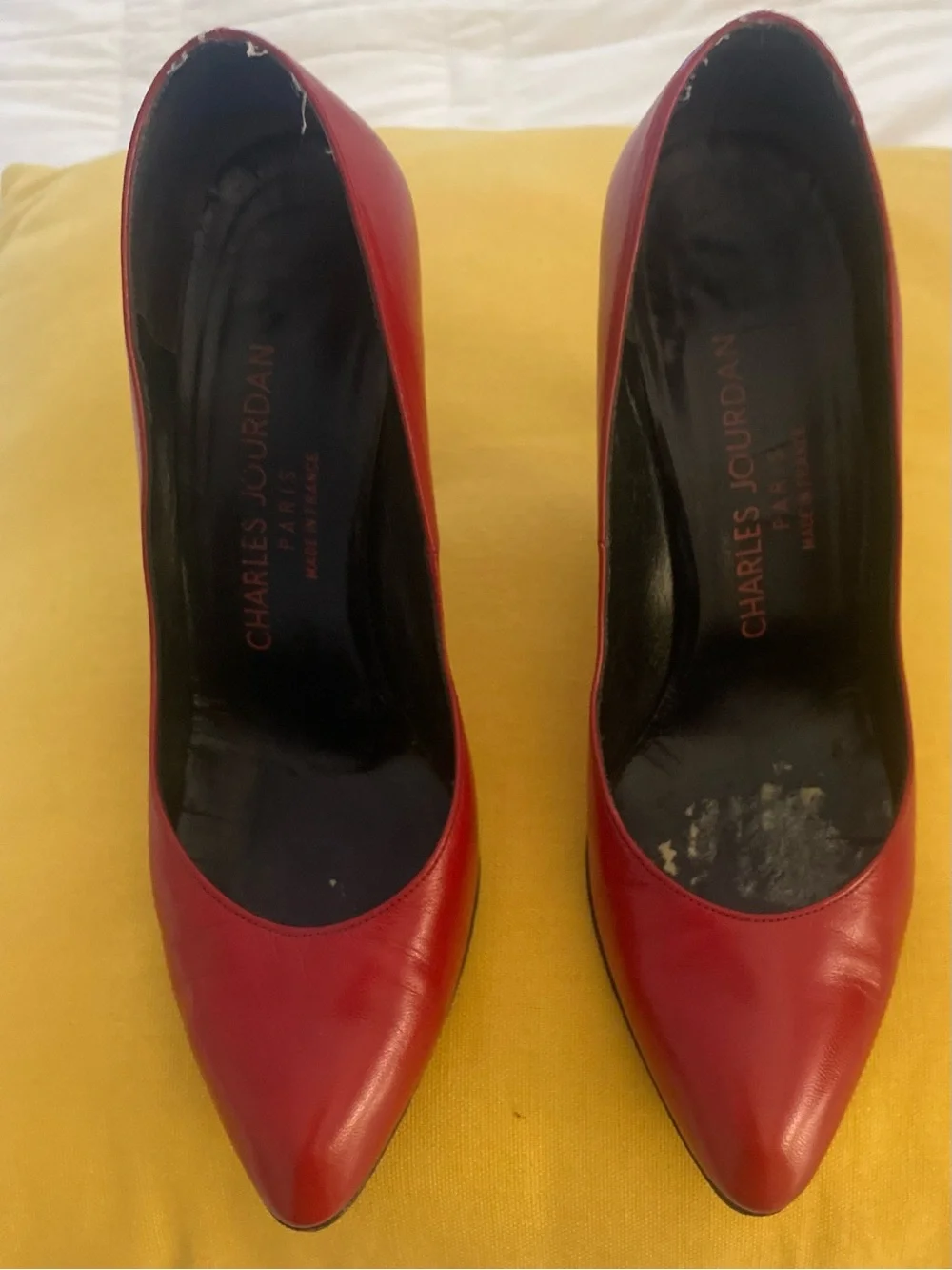 Vintage Charles Jourdan Paris Red Leather Pointed-Toe Pumps, 5.5B Made in France